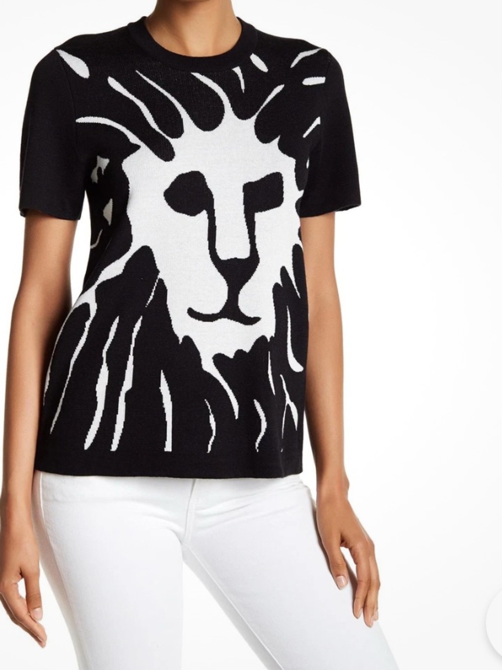 Anne Klein Black and White Lion Graphic Short Sleeve Sweater
Size XL